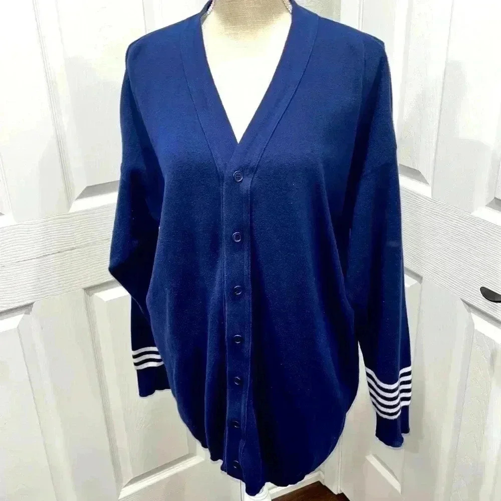 Joan Vass USA navy blue with white stripes nautical beachy cardigan button front